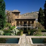 View over gardens, Alhambra Palace, UNESCO World Heritage Site, Granada, Andalucia, Spain, Europe