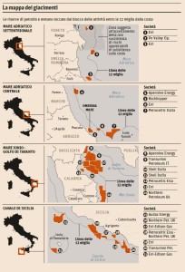 La mappa delle trivellazioni al largo delle coste italiane (fonte: Sole 24 Ore)